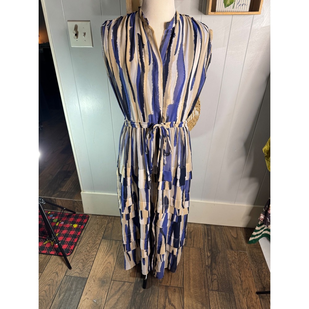 MISA Los‎ Angeles Blue Beige Black Abstract Print Maxi Dress Drawstring Waist XS